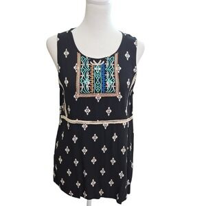 Sweet Jane‎ Black Embroidered Boho Tank Top Women's Size M Rayon Sleeveless